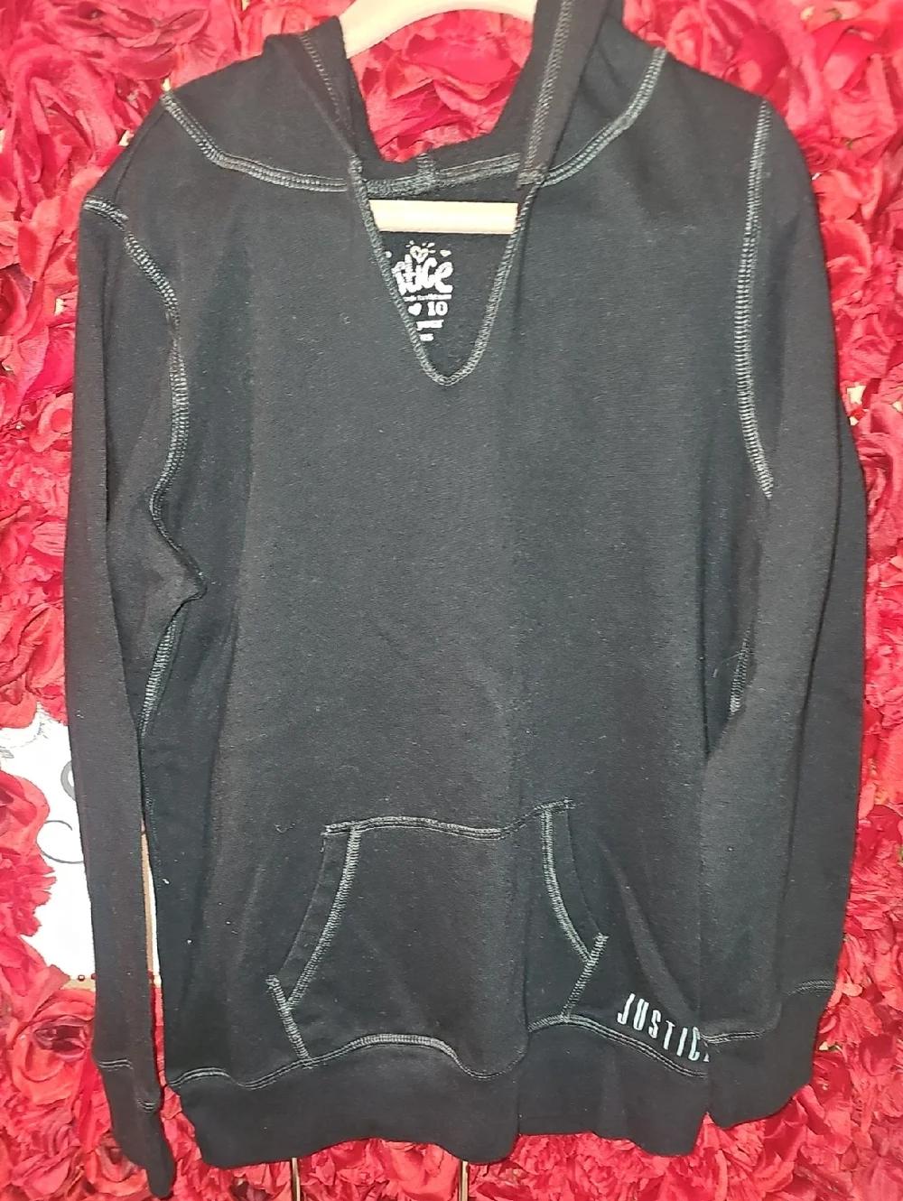 Justice Girls Black Fleece Lined Hoodie With Kangaroo Pocket Size 10